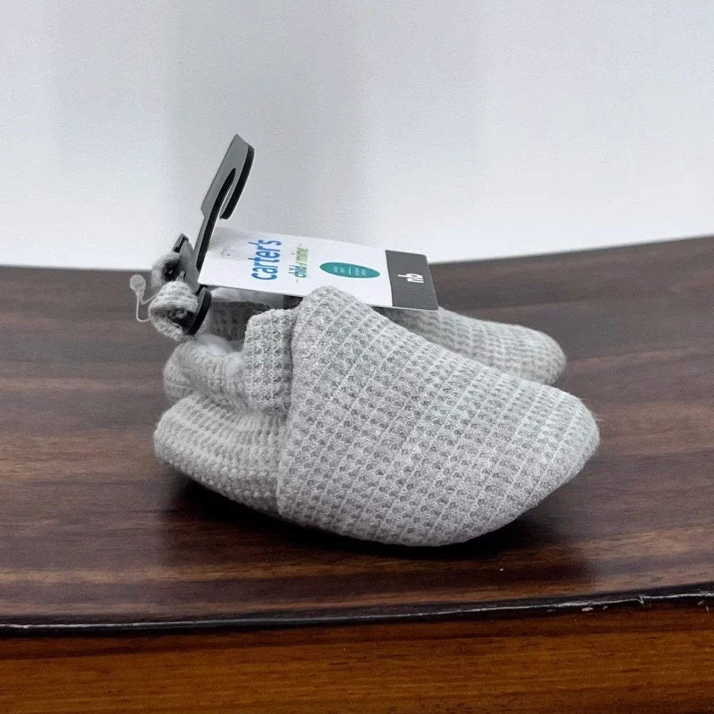 Carters Gray Booties Unisex Newborn NB Waffle Knit Soft Sole Slip On Shoes NEW